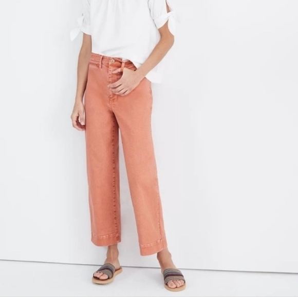 Madewell Emmett Wide-Leg Crop Pants 32 Garment Dyed Terra Cotta Orange High Rise - Picture 3 of 9